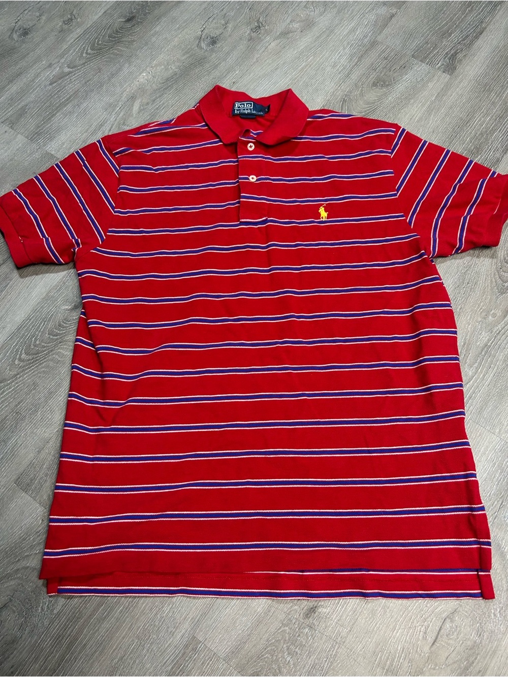 VTG Polo Ralph Lauren Polo Shirt Sz L Red Yellow Stripe Pony Short Sleeve Casual